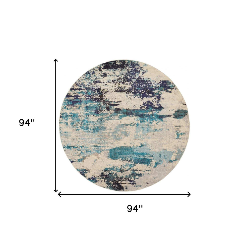 8' X 8' Ivory And Teal Blue Round Abstract Power Loom Non Skid Area Rug - Homeroots - Flyclothing LLC