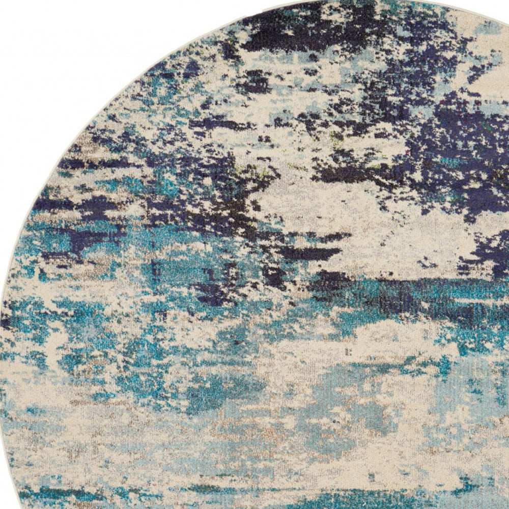 8' X 8' Ivory And Teal Blue Round Abstract Power Loom Non Skid Area Rug - Homeroots - Flyclothing LLC