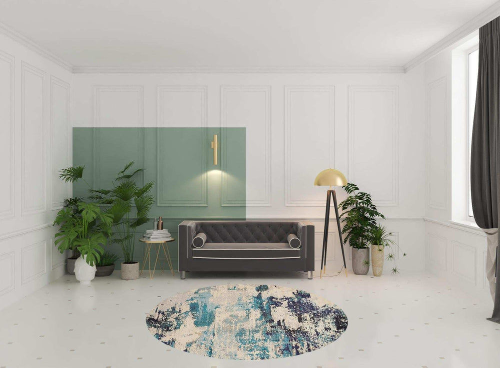 8' X 8' Ivory And Teal Blue Round Abstract Power Loom Non Skid Area Rug - Homeroots - Flyclothing LLC