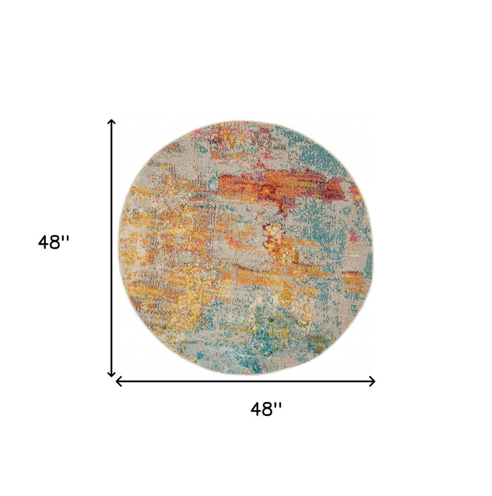 4' X 4' Ivory and Aqua Round Abstract Power Loom Non Skid Area Rug - Homeroots - Flyclothing LLC