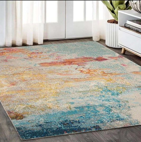 5' X 7' Blue and Orange Abstract Power Loom Area Rug - Homeroots - Flyclothing LLC