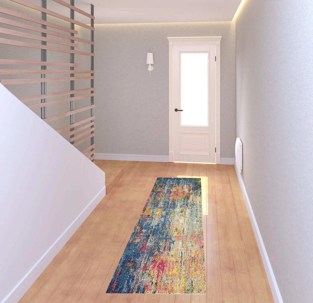 2' X 8' Blue And Yellow Abstract Power Loom Non Skid Runner Rug - Homeroots - Flyclothing LLC