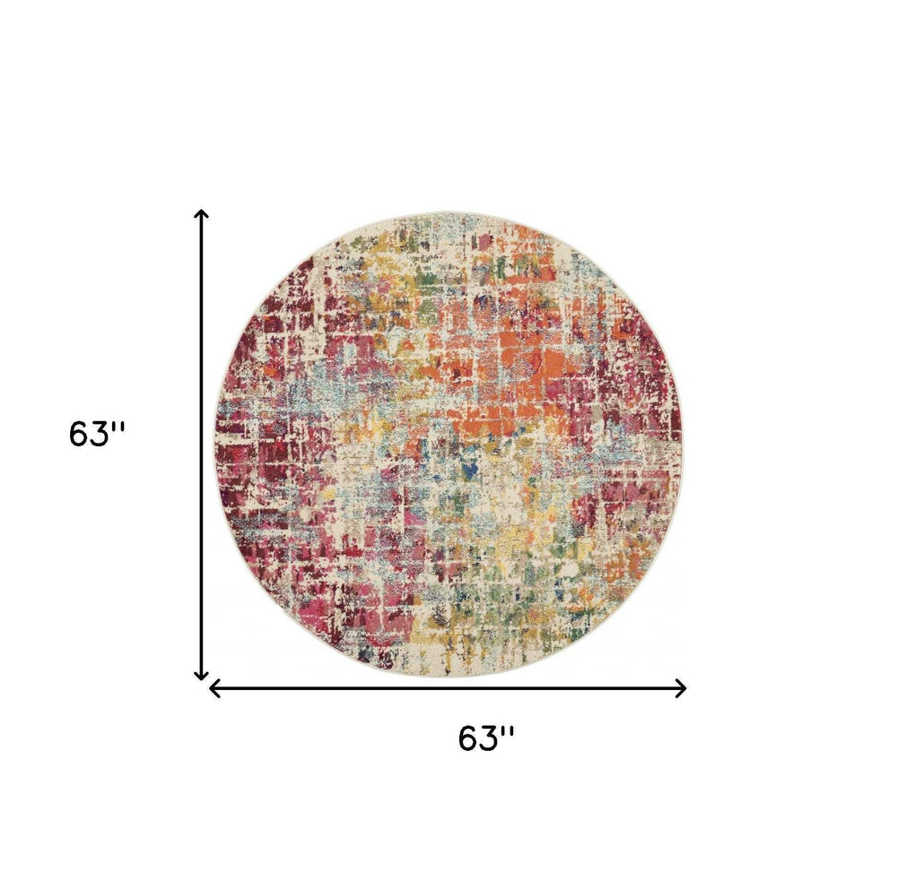 5' X 5' Pink Round Abstract Power Loom Distressed Non Skid Area Rug - Homeroots - Flyclothing LLC