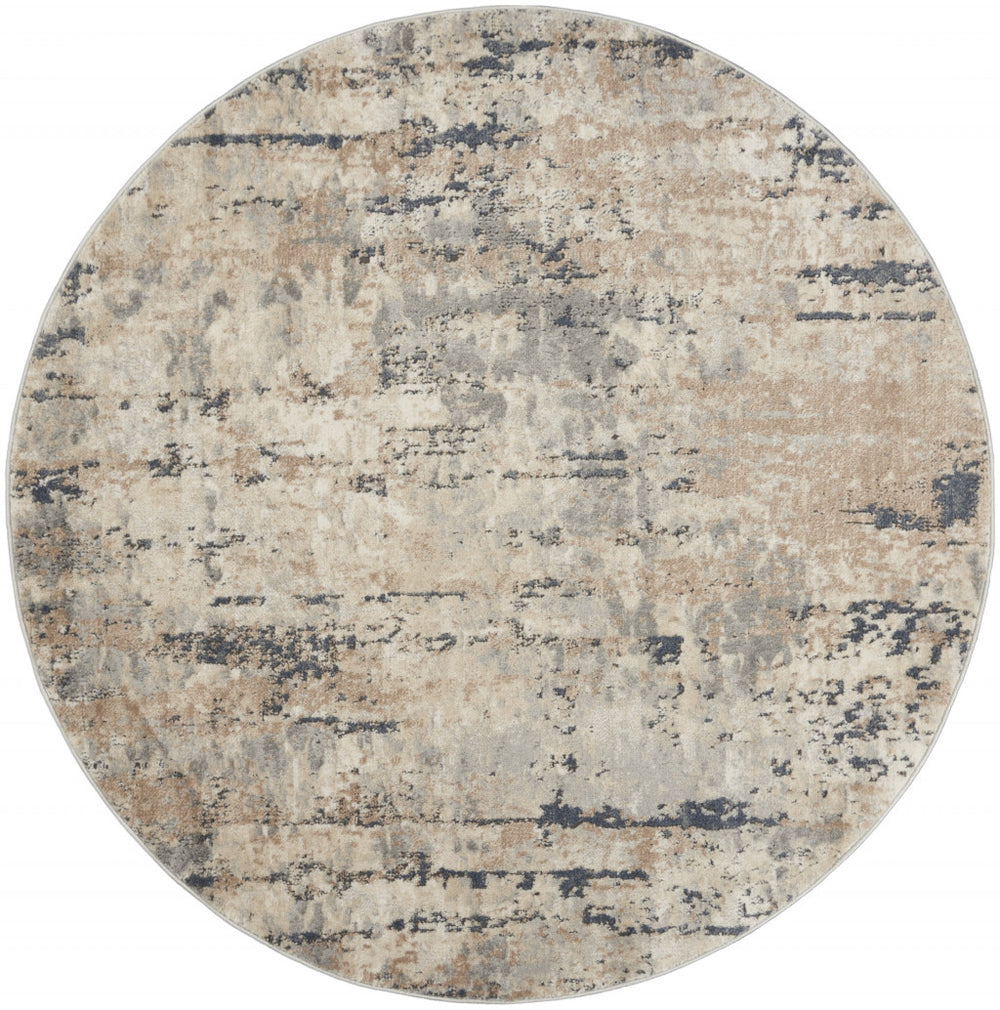 5' X 5' Beige And Grey Round Abstract Power Loom Non Skid Area Rug - Homeroots