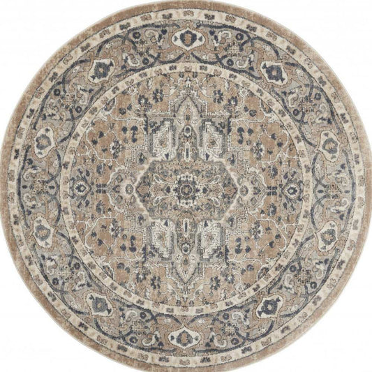 4' X 4' Beige And Grey Round Oriental Power Loom Non Skid Area Rug - Homeroots - Flyclothing LLC