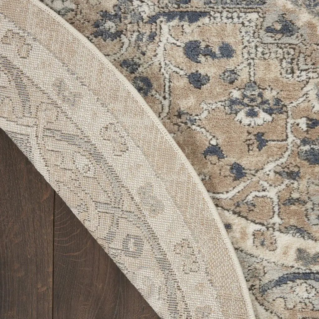 5' X 5' Beige And Grey Round Oriental Power Loom Non Skid Area Rug - Homeroots - Flyclothing LLC