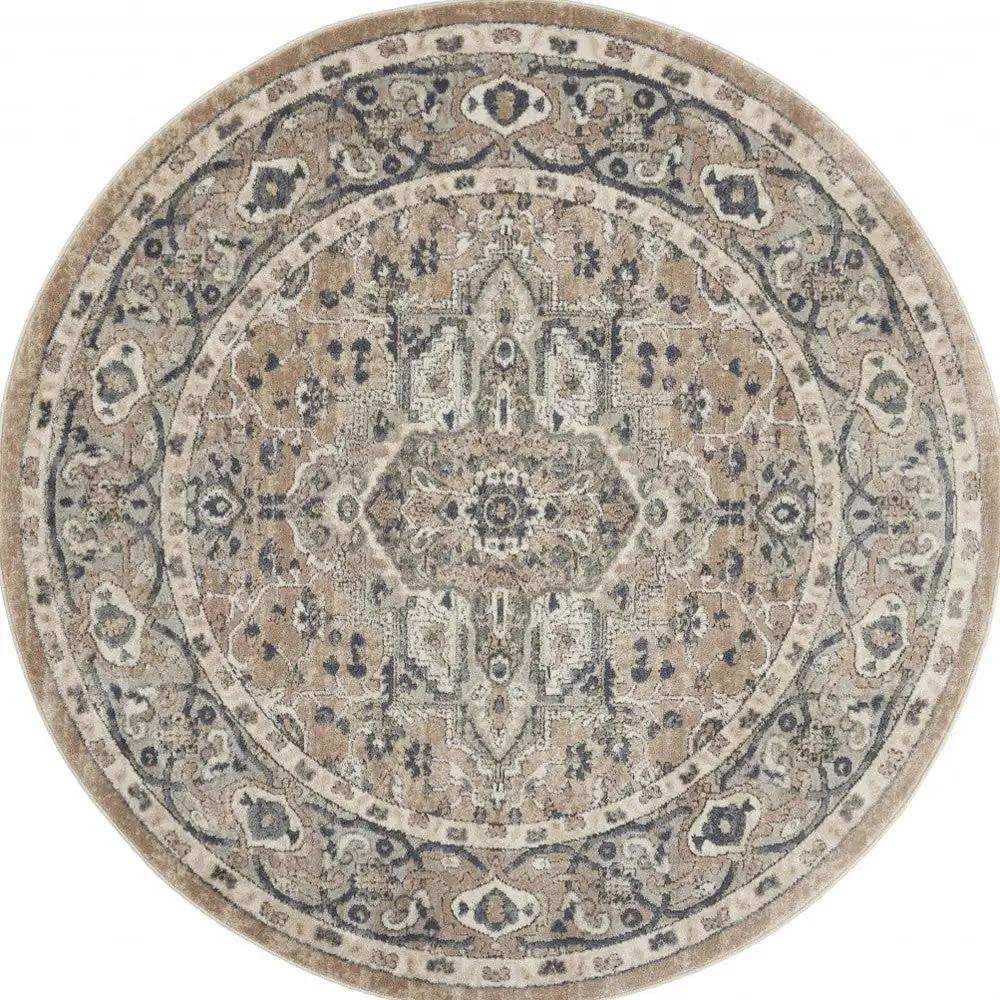 5' X 5' Beige And Grey Round Oriental Power Loom Non Skid Area Rug - Homeroots - Flyclothing LLC