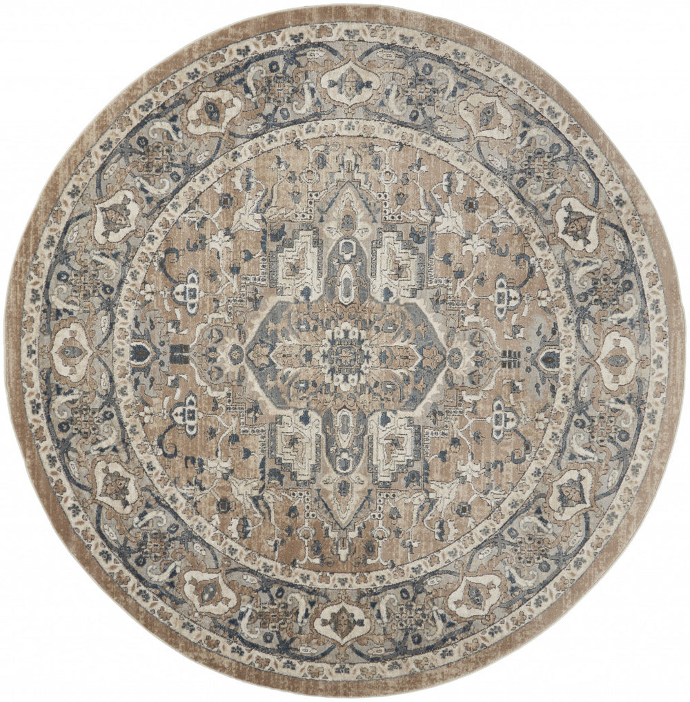 8' X 8' Beige And Grey Round Oriental Power Loom Non Skid Area Rug - Homeroots