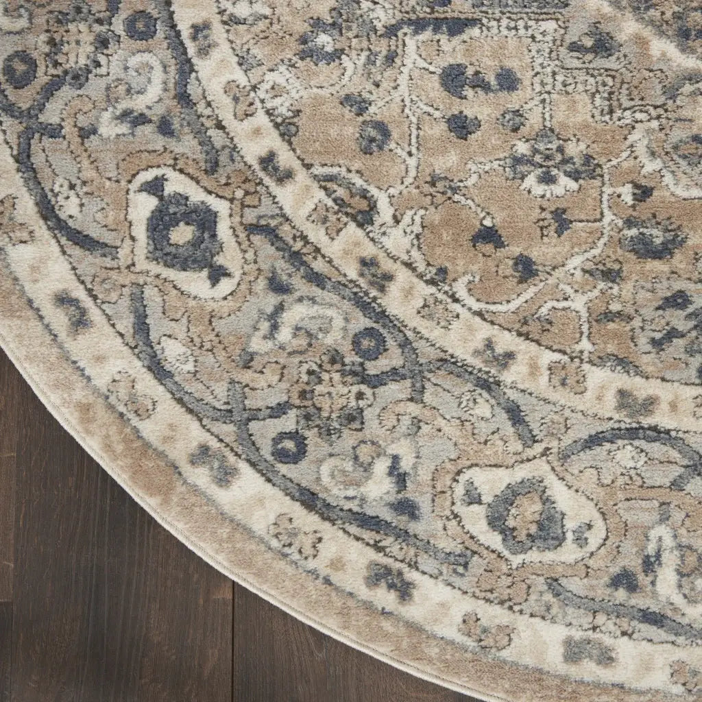 8' X 8' Beige And Grey Round Oriental Power Loom Non Skid Area Rug - Homeroots - Flyclothing LLC