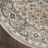 8' X 8' Beige And Grey Round Oriental Power Loom Non Skid Area Rug - Homeroots