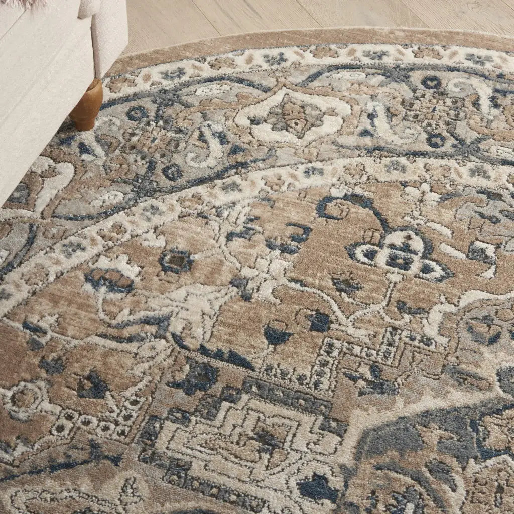 8' X 8' Beige And Grey Round Oriental Power Loom Non Skid Area Rug - Homeroots - Flyclothing LLC