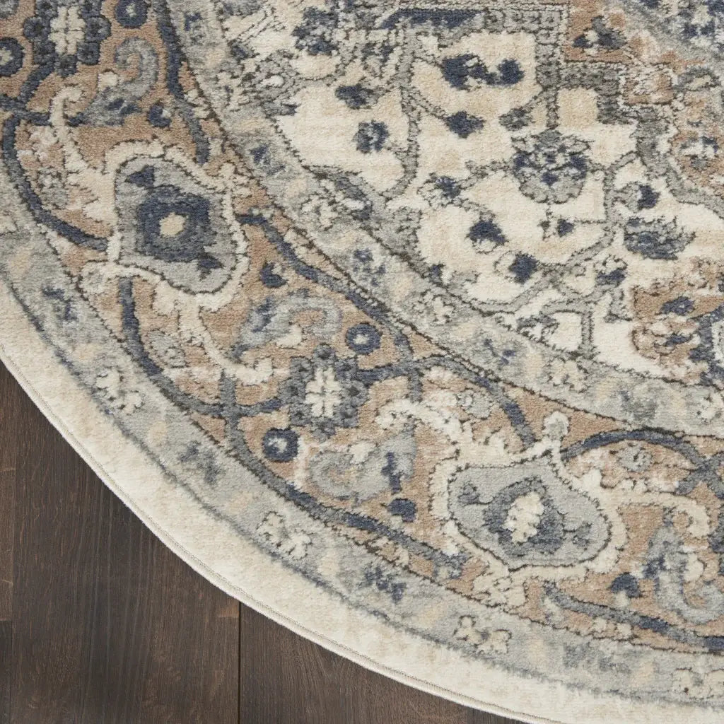 4' Ivory And Grey Round Oriental Power Loom Non Skid Area Rug - Homeroots - Flyclothing LLC