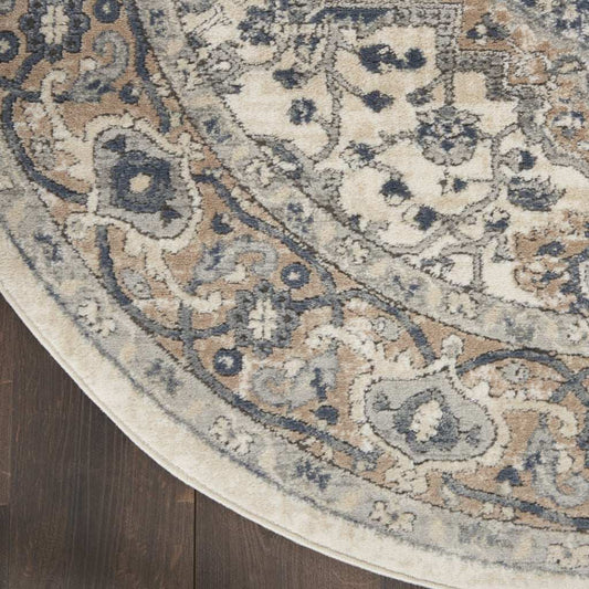 4' Ivory And Grey Round Oriental Power Loom Non Skid Area Rug - Homeroots - Flyclothing LLC