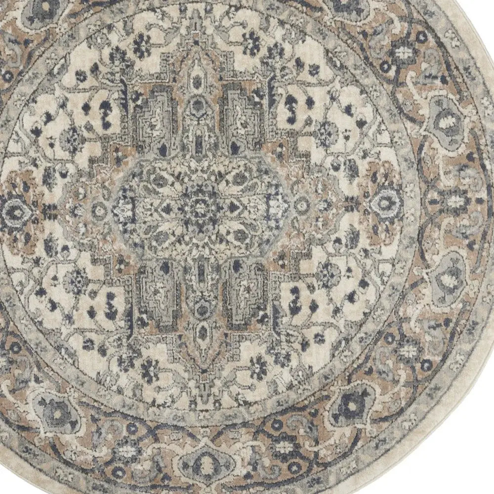4' Ivory And Grey Round Oriental Power Loom Non Skid Area Rug - Homeroots - Flyclothing LLC