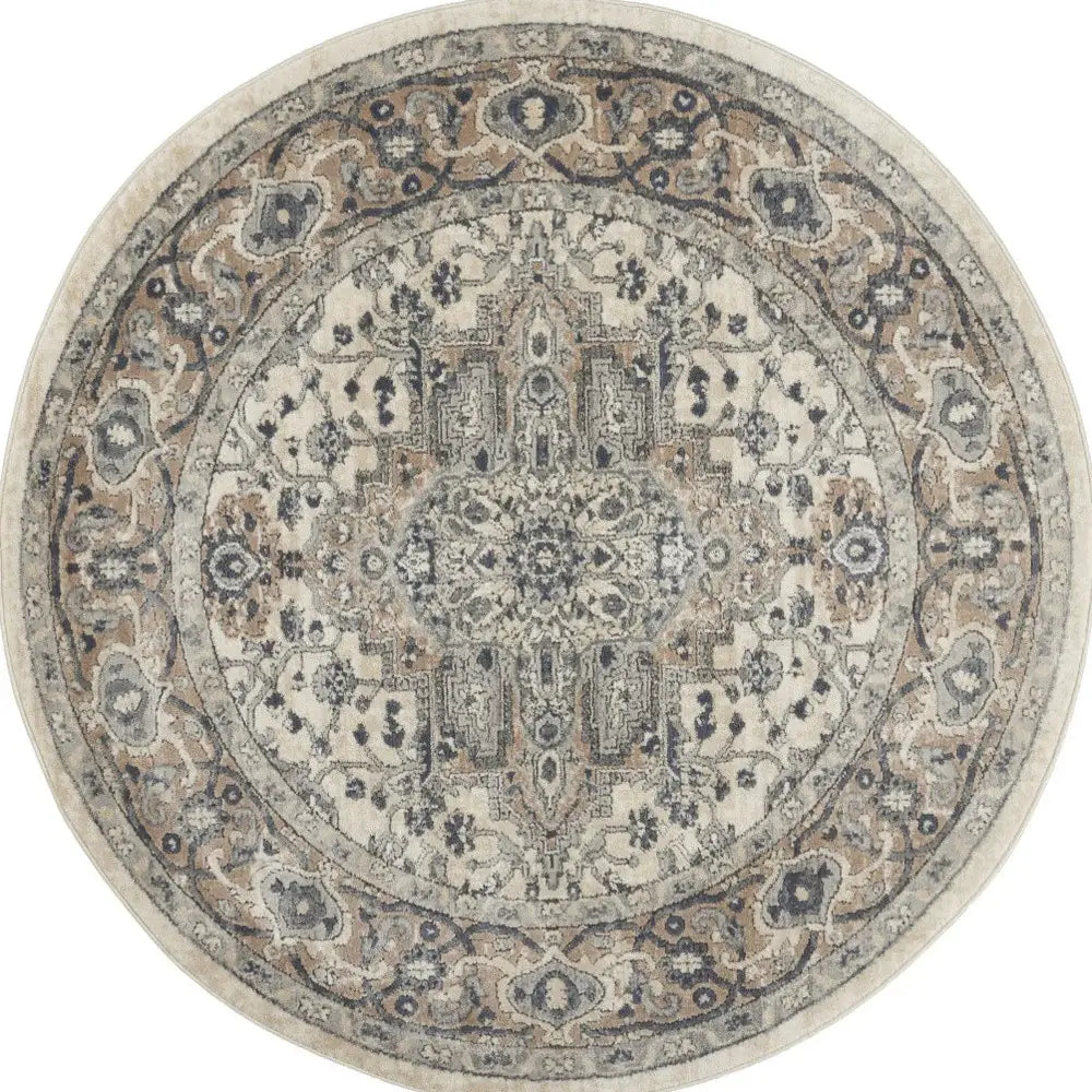 4' Ivory And Grey Round Oriental Power Loom Non Skid Area Rug - Homeroots - Flyclothing LLC
