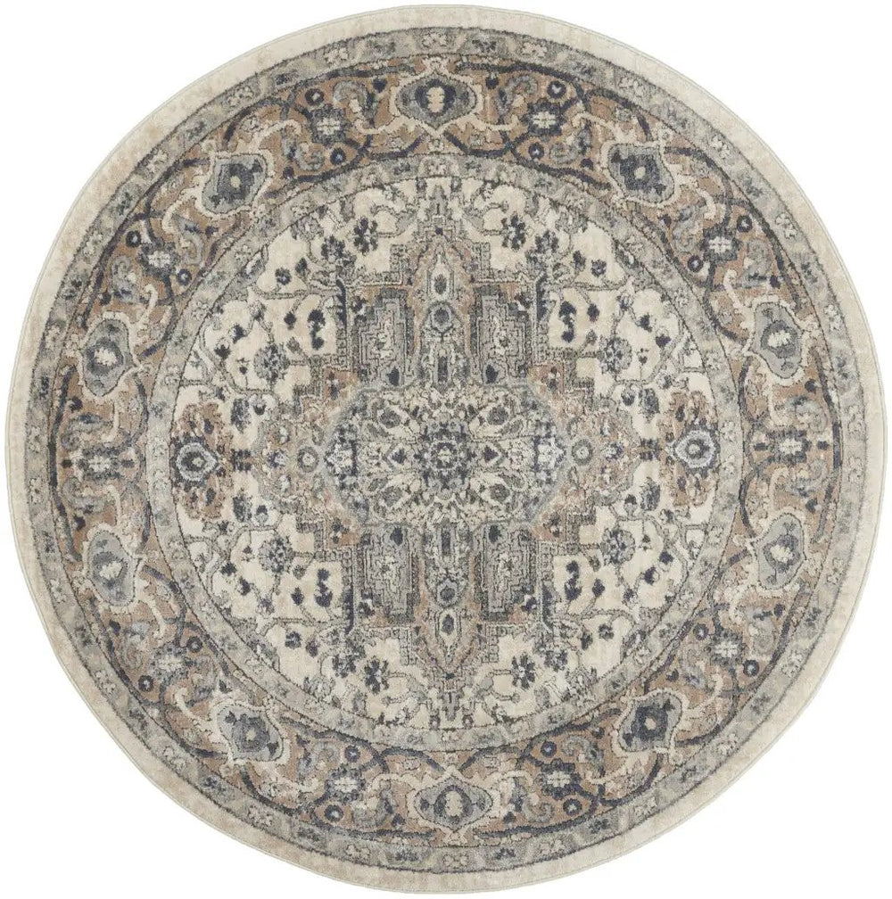 4' Ivory And Grey Round Oriental Power Loom Non Skid Area Rug - Homeroots