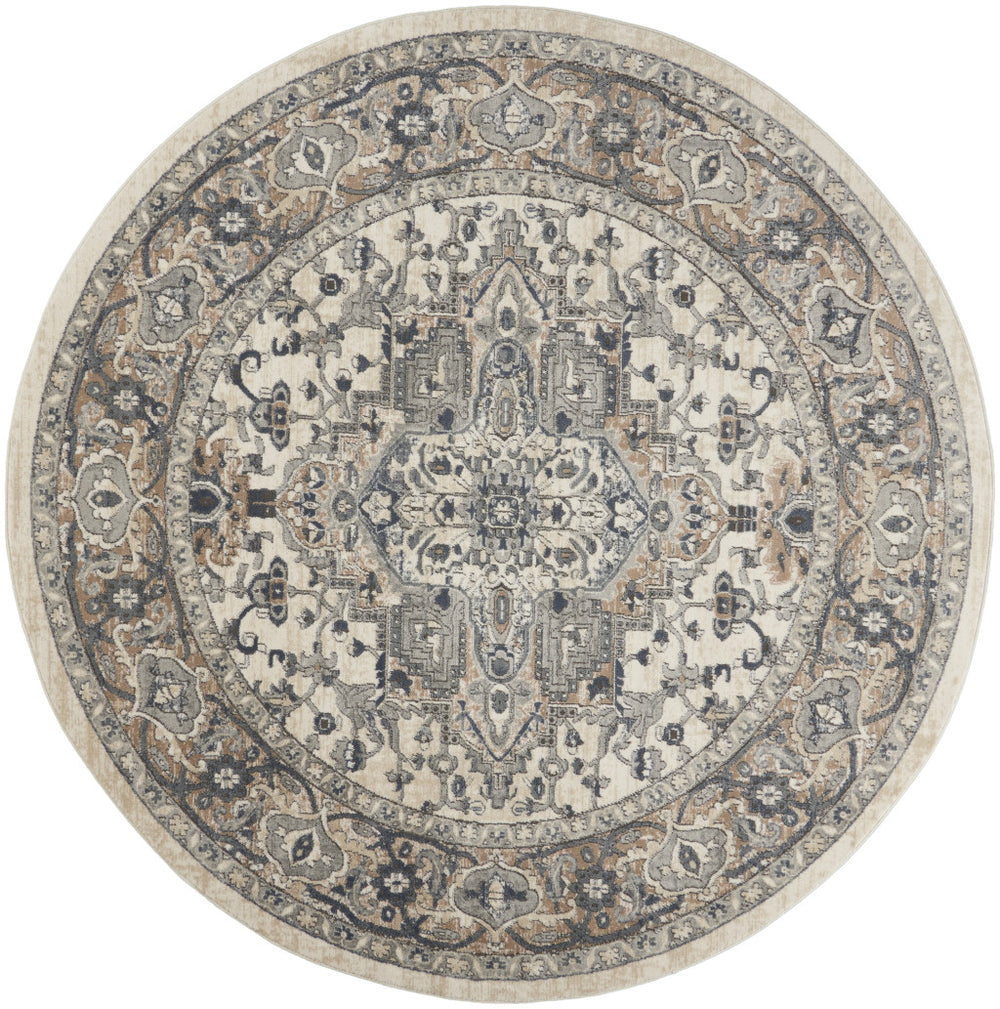 8' Ivory And Grey Round Oriental Power Loom Non Skid Area Rug