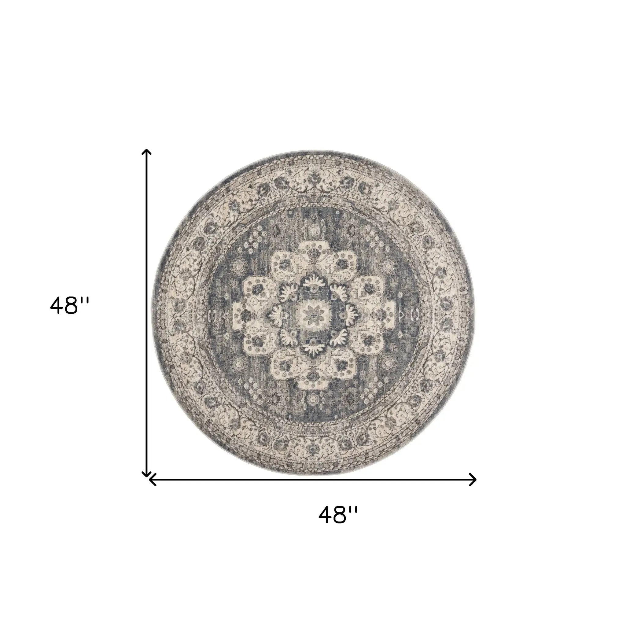 4' Grey And Ivory Round Oriental Power Loom Non Skid Area Rug - Homeroots - Flyclothing LLC