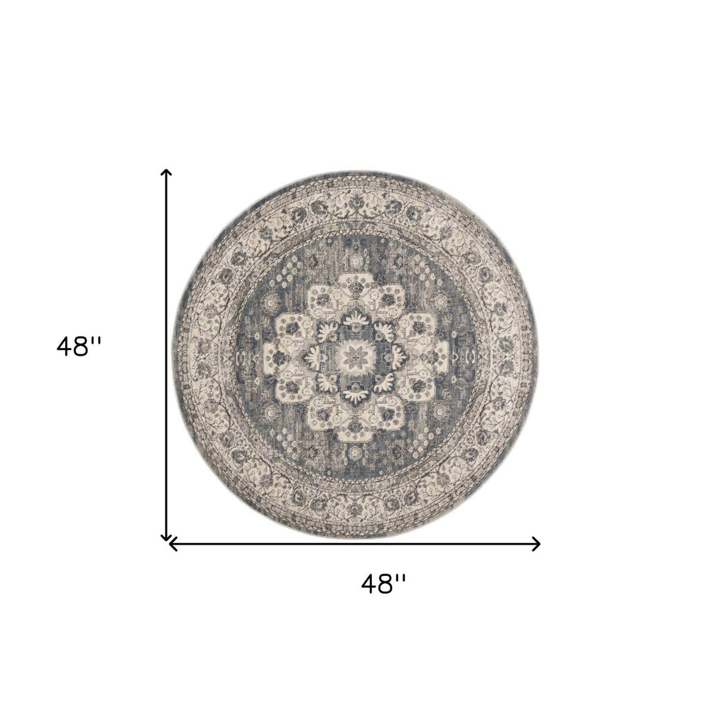 4' Grey And Ivory Round Oriental Power Loom Non Skid Area Rug - Homeroots - Flyclothing LLC