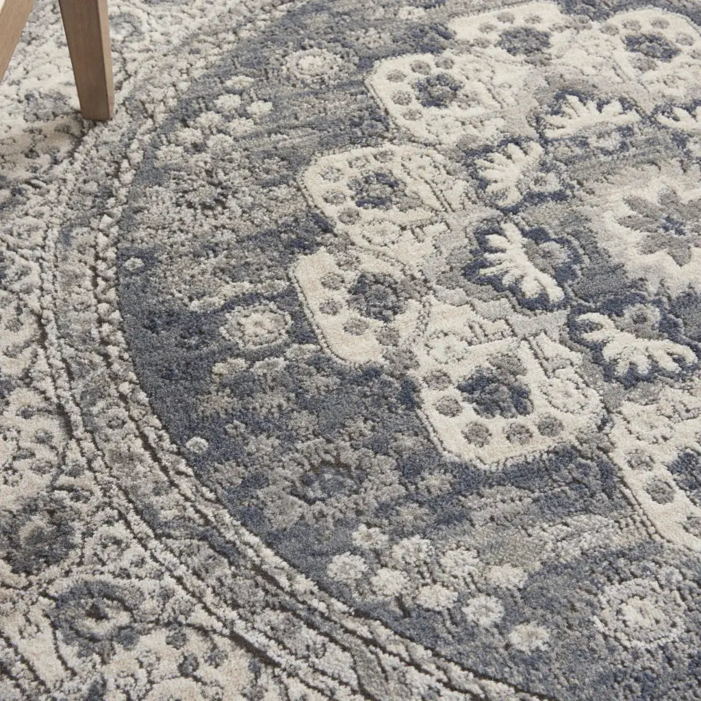 5' Grey And Ivory Round Oriental Power Loom Non Skid Area Rug - Homeroots - Flyclothing LLC
