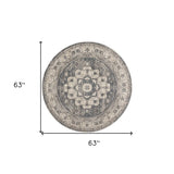 5' Grey And Ivory Round Oriental Power Loom Non Skid Area Rug - Homeroots - Flyclothing LLC