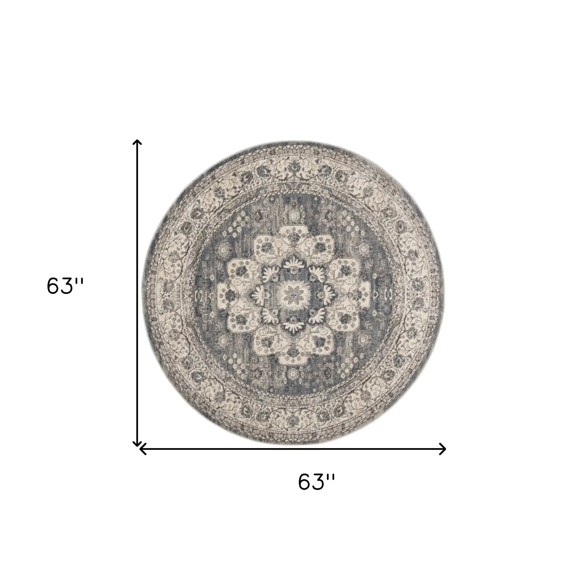 5' Grey And Ivory Round Oriental Power Loom Non Skid Area Rug - Homeroots - Flyclothing LLC