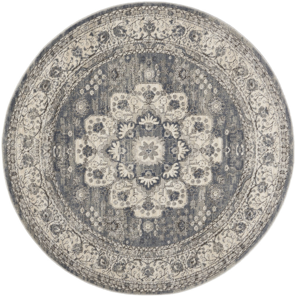 5' Grey And Ivory Round Oriental Power Loom Non Skid Area Rug - Homeroots