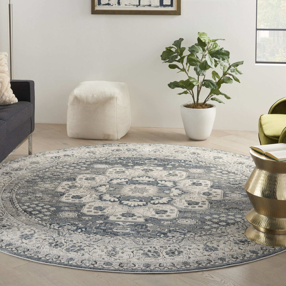 8' Grey And Ivory Round Oriental Power Loom Non Skid Area Rug - Homeroots - Flyclothing LLC