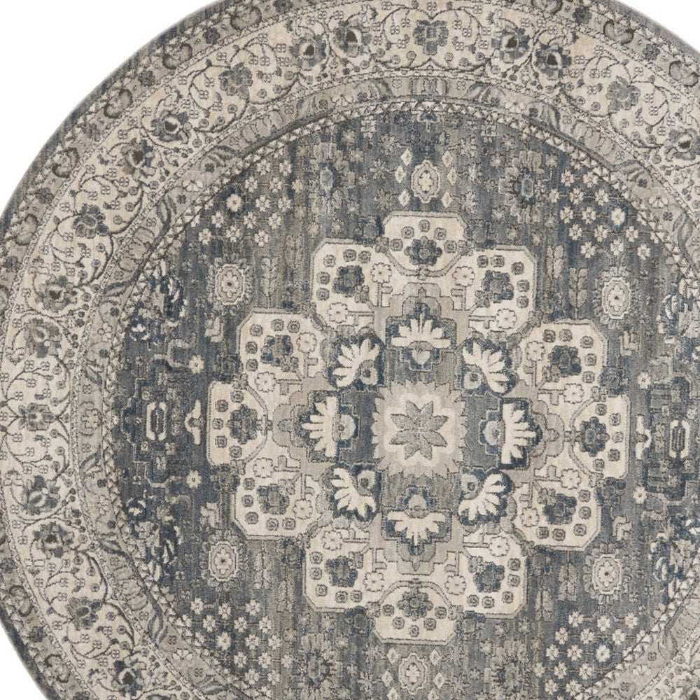 8' Grey And Ivory Round Oriental Power Loom Non Skid Area Rug - Homeroots - Flyclothing LLC