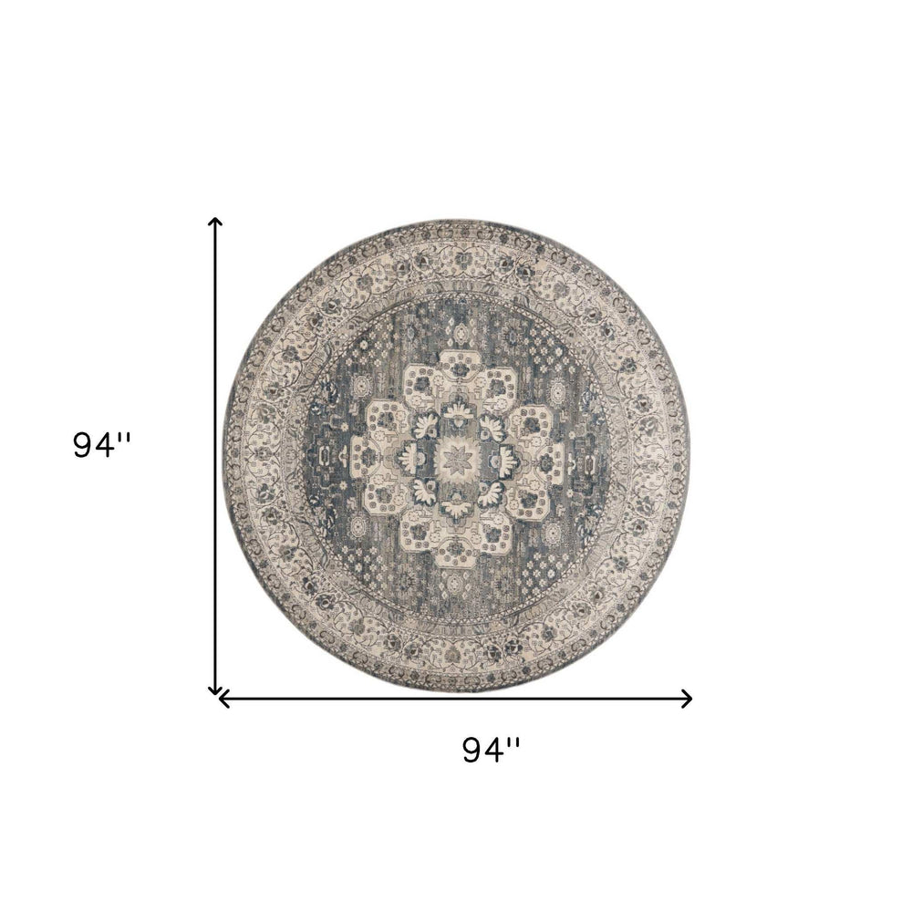 8' Grey And Ivory Round Oriental Power Loom Non Skid Area Rug - Homeroots - Flyclothing LLC
