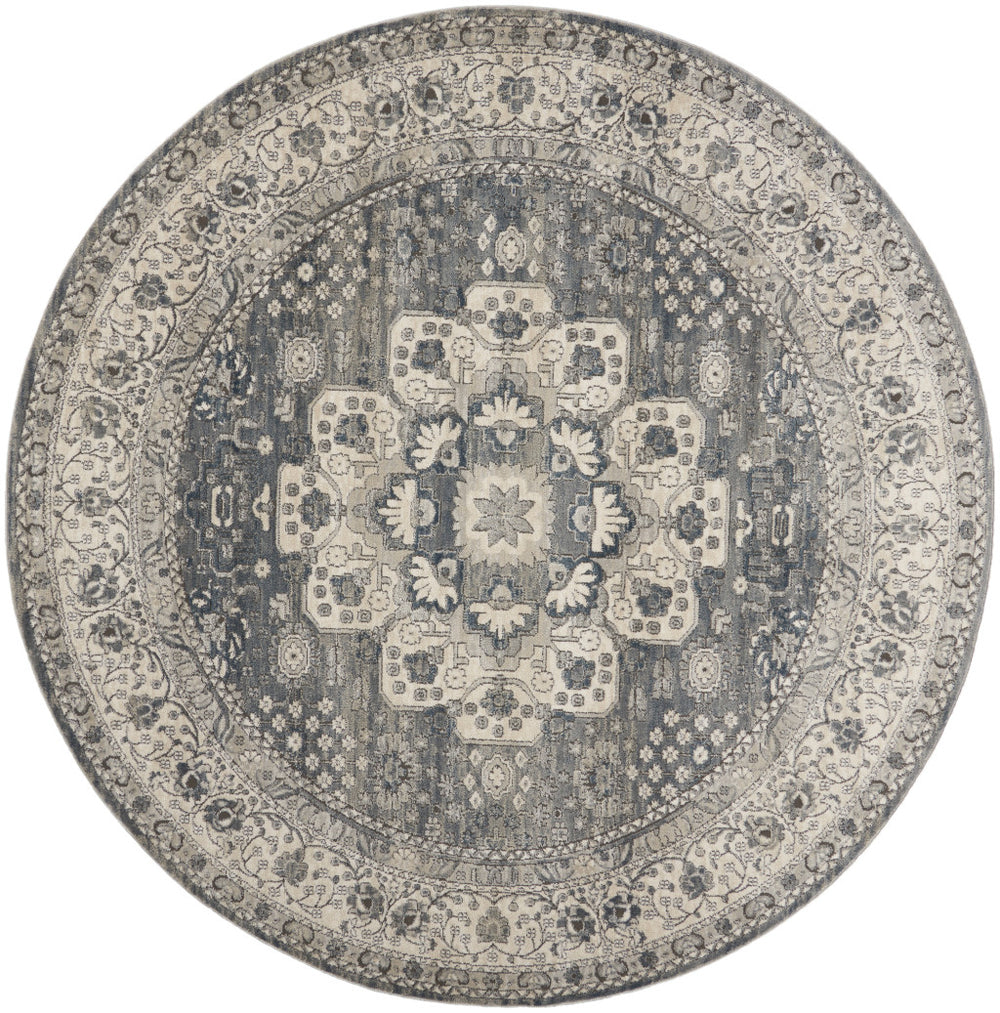 8' Grey And Ivory Round Oriental Power Loom Non Skid Area Rug - Homeroots