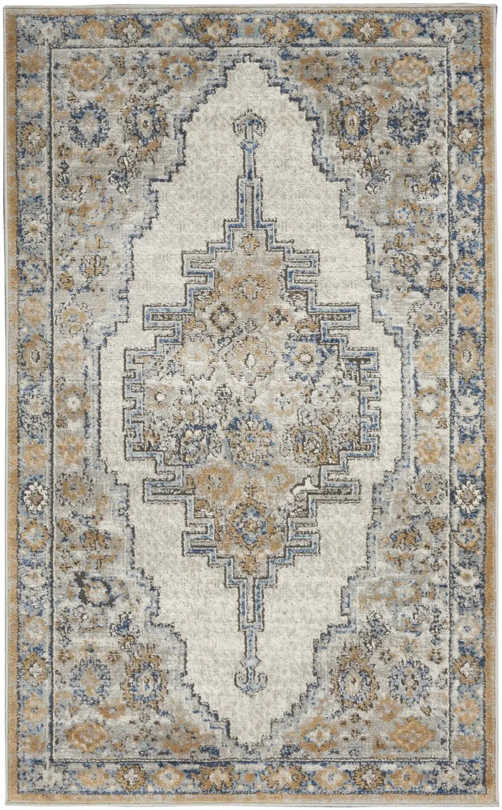 3' X 5' Grey And Light Blue Oriental Power Loom Non Skid Area Rug - Homeroots