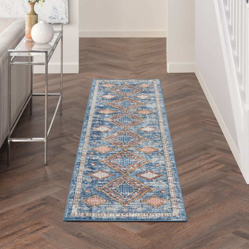 2' X 8' Blue Southwestern Power Loom Non Skid Runner Rug - Homeroots - Flyclothing LLC