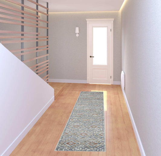 8' Blue And Ivory Southwestern Power Loom Non Skid Runner Rug - Homeroots - Flyclothing LLC