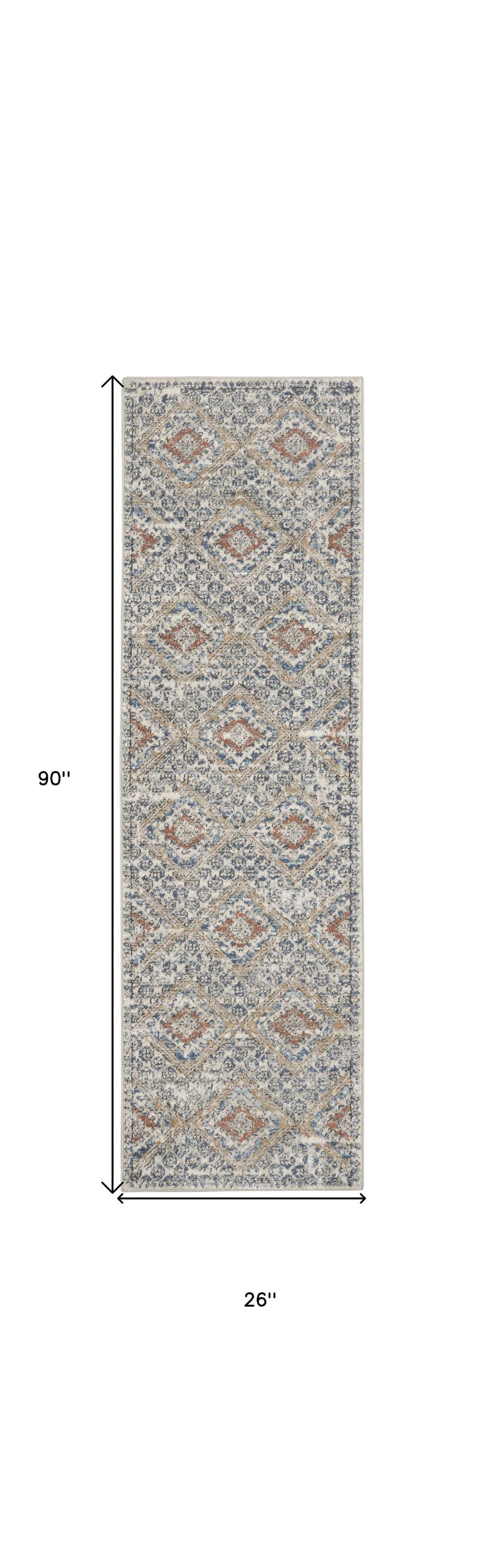 2' X 8' Grey Ivory And Blue Southwestern Power Loom Non Skid Runner Rug - Homeroots - Flyclothing LLC