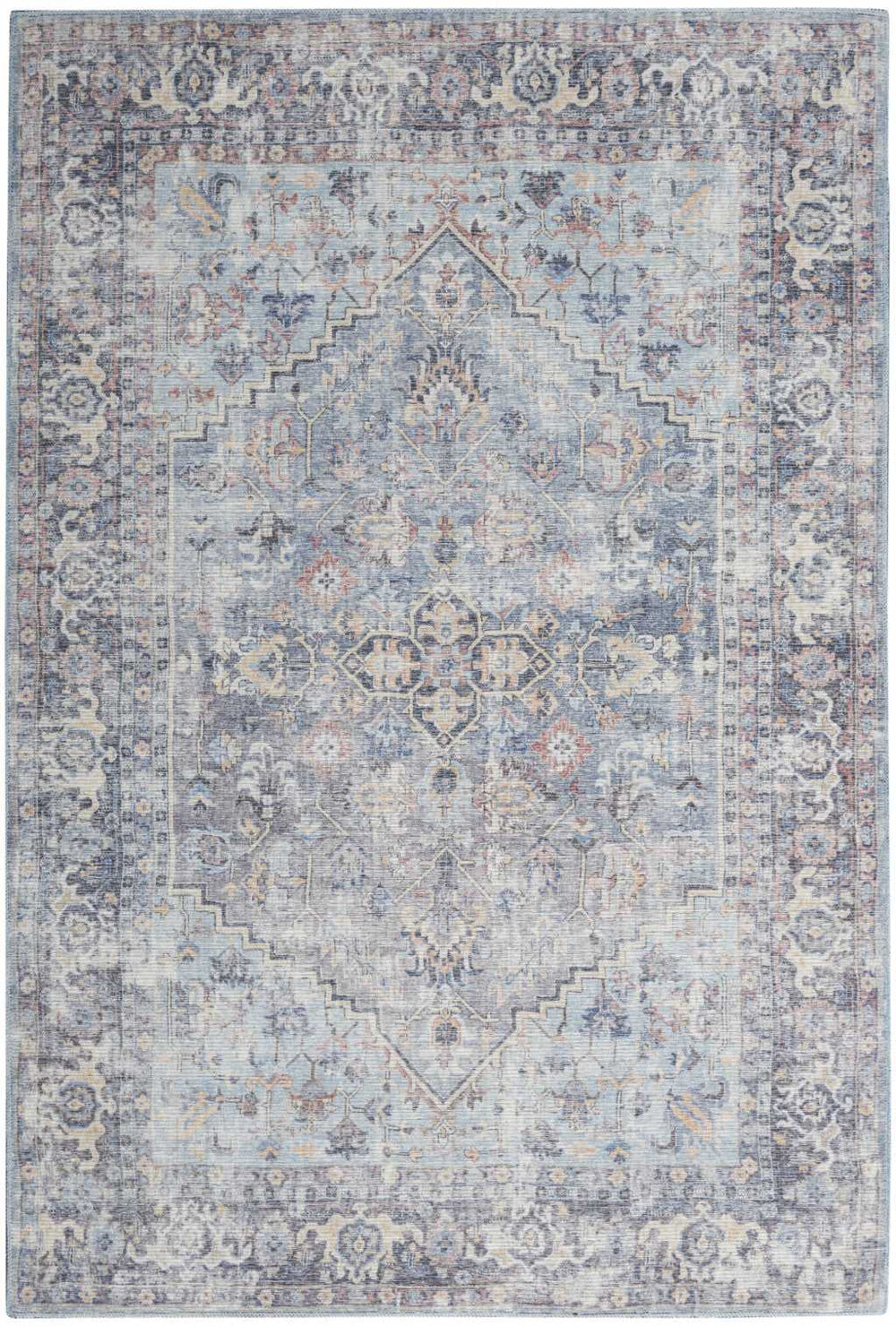 5' X 7' Light Grey And Blue Oriental Power Loom Distressed Washable Area Rug - Homeroots