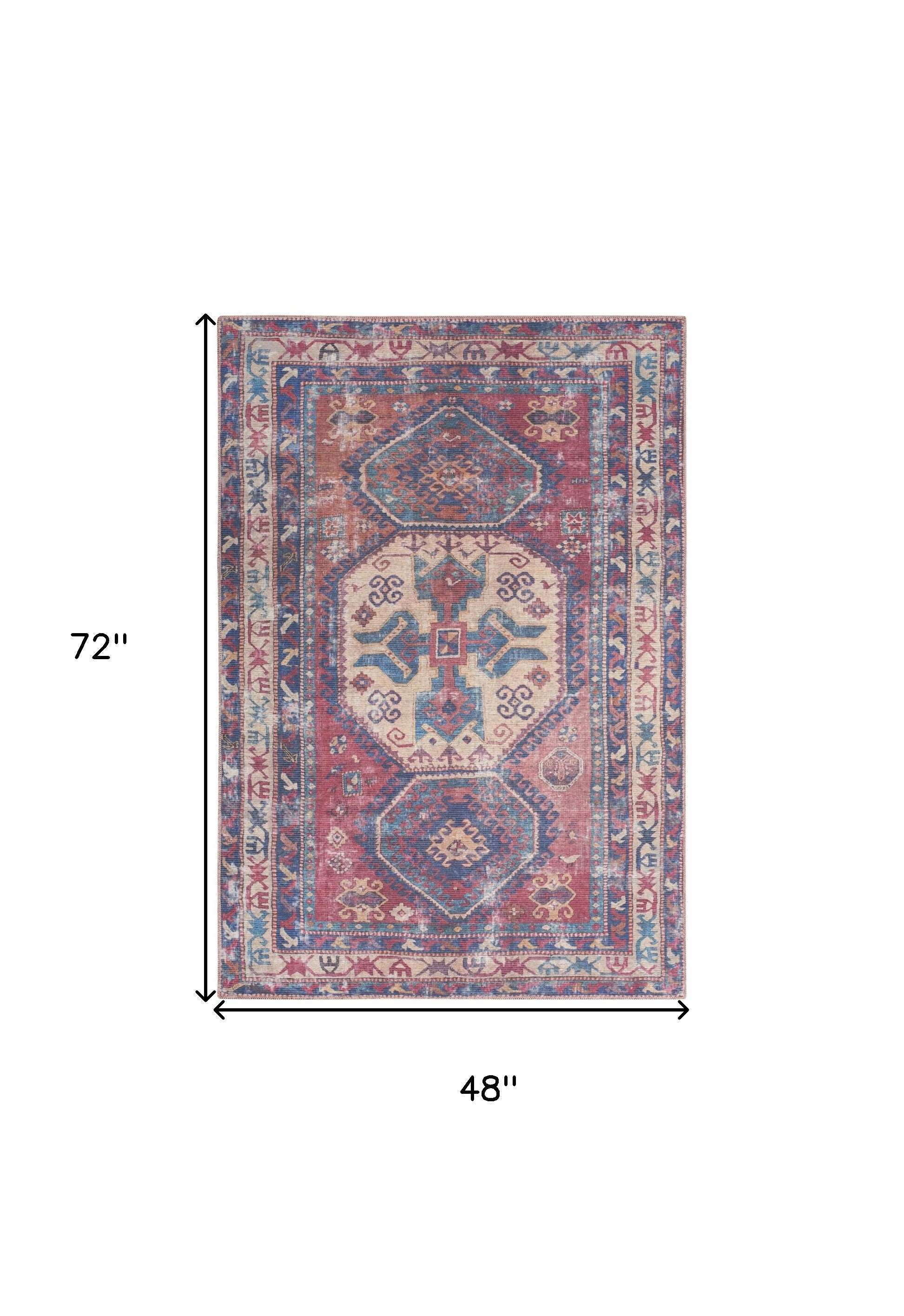 4' X 6' Red And Navy Oriental Power Loom Distressed Washable Area Rug - Homeroots - Flyclothing LLC