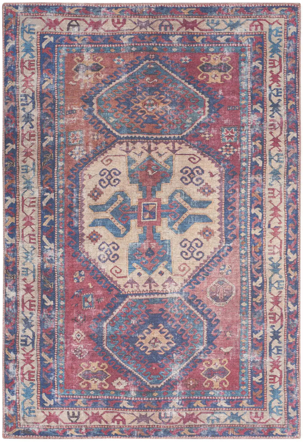 5' X 7' Red And Navy Southwestern Power Loom Distressed Washable Area Rug - Homeroots - Flyclothing LLC