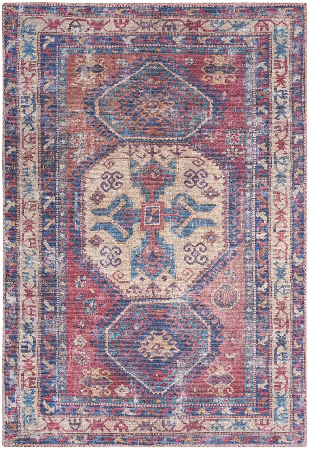 5' X 7' Red And Navy Southwestern Power Loom Distressed Washable Area Rug - Homeroots