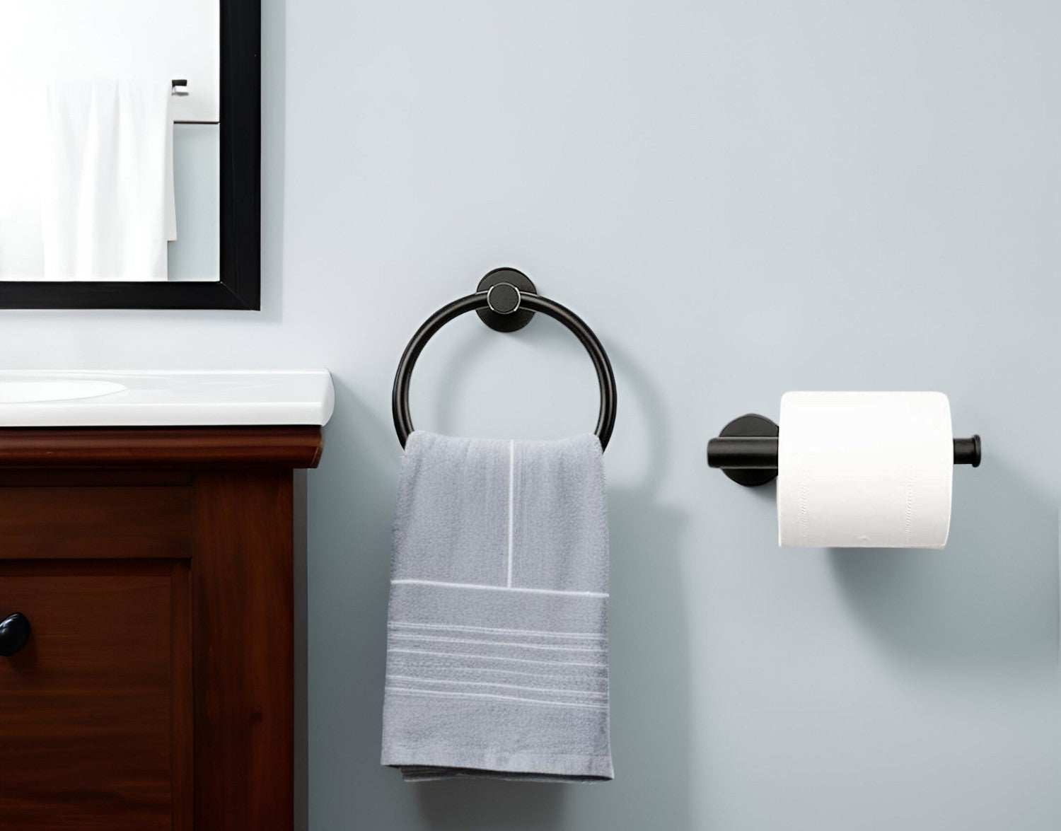 Set of Two Black Stainless Steel Wall Mount Towel Ring and Toilet Paper Holder - Homeroots - Flyclothing LLC