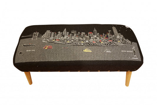 38" Gray Wool And Brown Ottoman - Homeroots