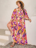 Plus Size Printed Tie Neck Maxi Dress - Trendsi - Flyclothing LLC