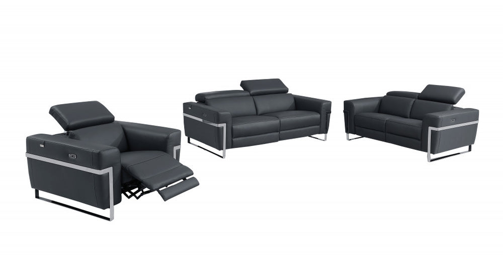Three Piece Indoor Dark Gray Italian Leather Six Person Seating Set - Homeroots