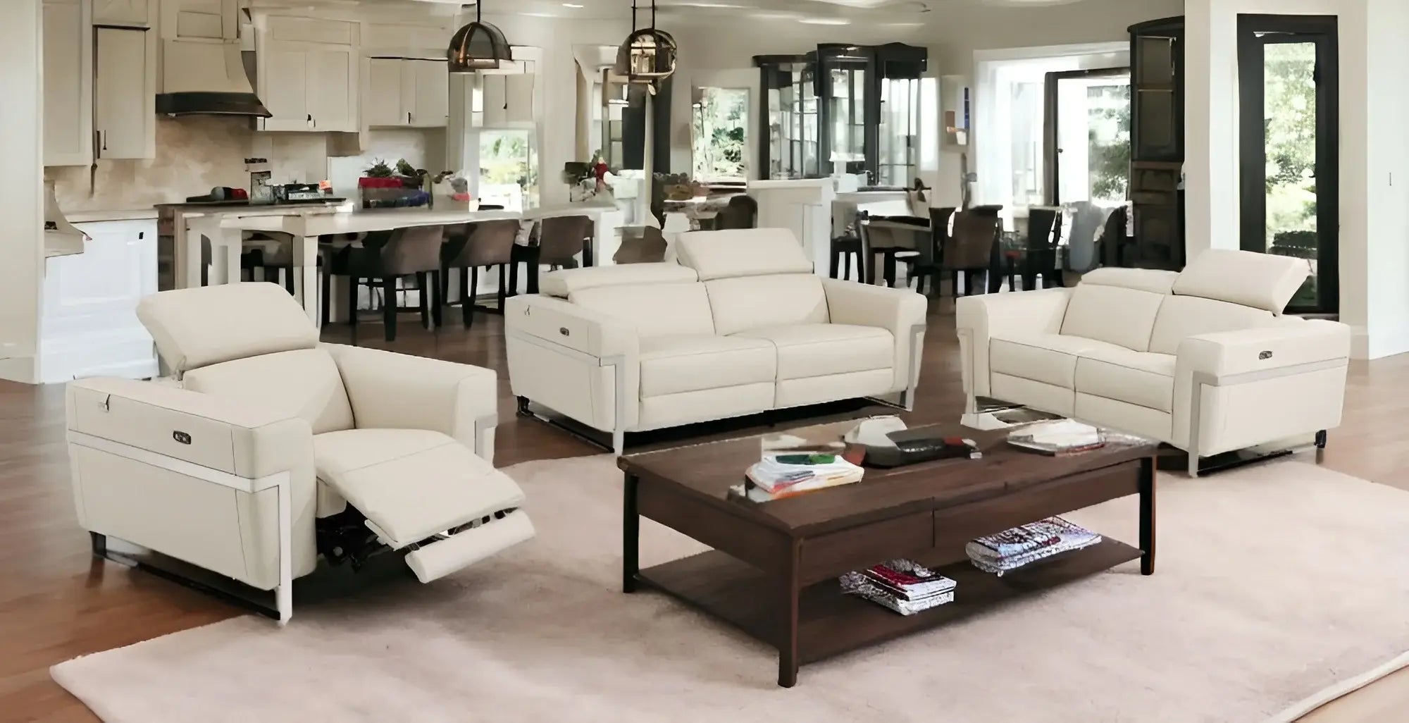 Three Piece Indoor Beige Italian Leather Six Person Seating Set - Homeroots - Flyclothing LLC