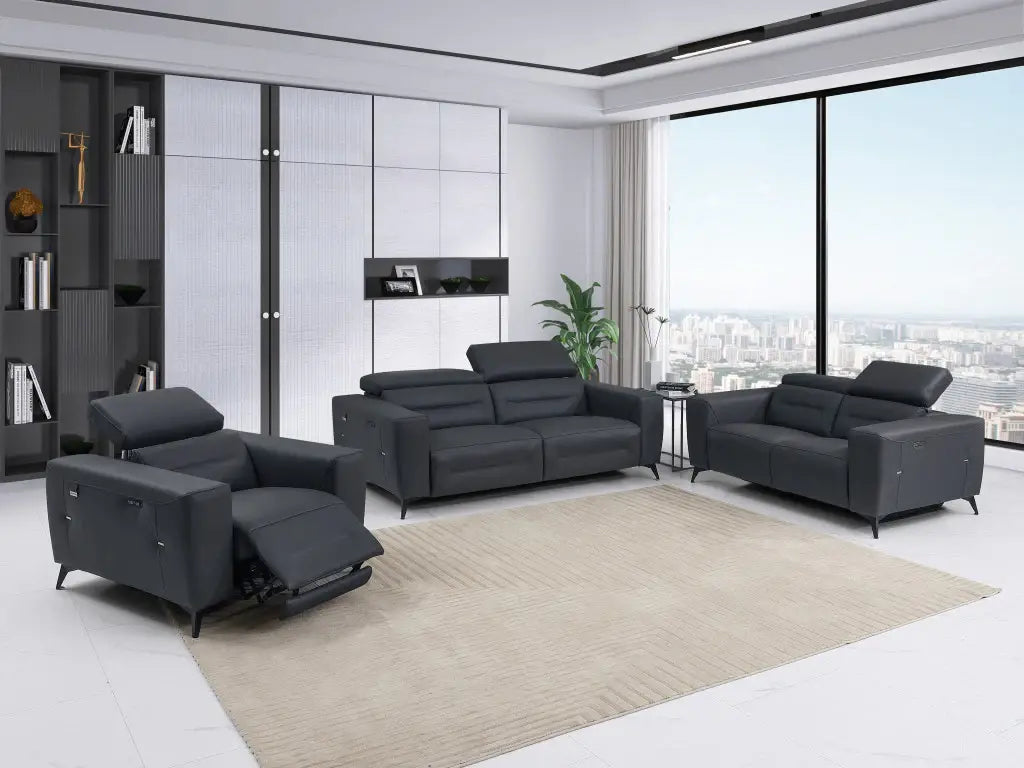 Three Piece Indoor Dark Gray Italian Leather Six Person Seating Set - Homeroots - Flyclothing LLC