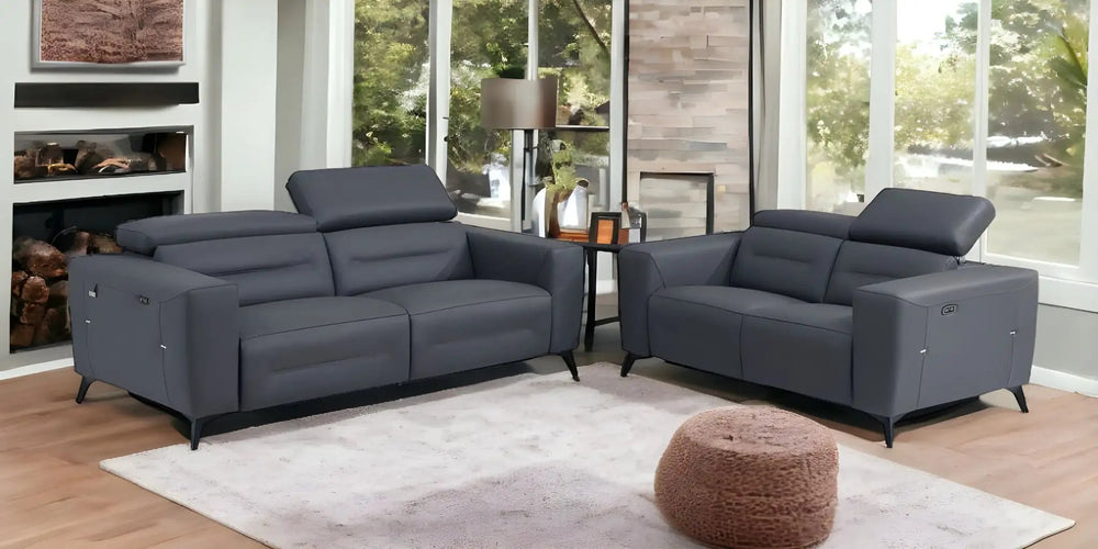 Two Piece Indoor Dark Gray Italian Leather Five Person Seating Set - Homeroots