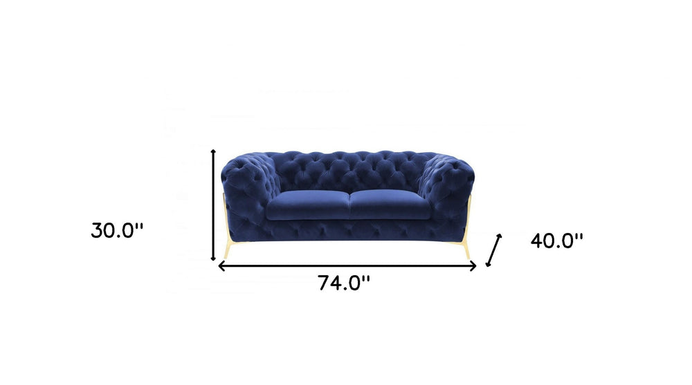 74" Blue And Gold Velvet Loveseat - Homeroots