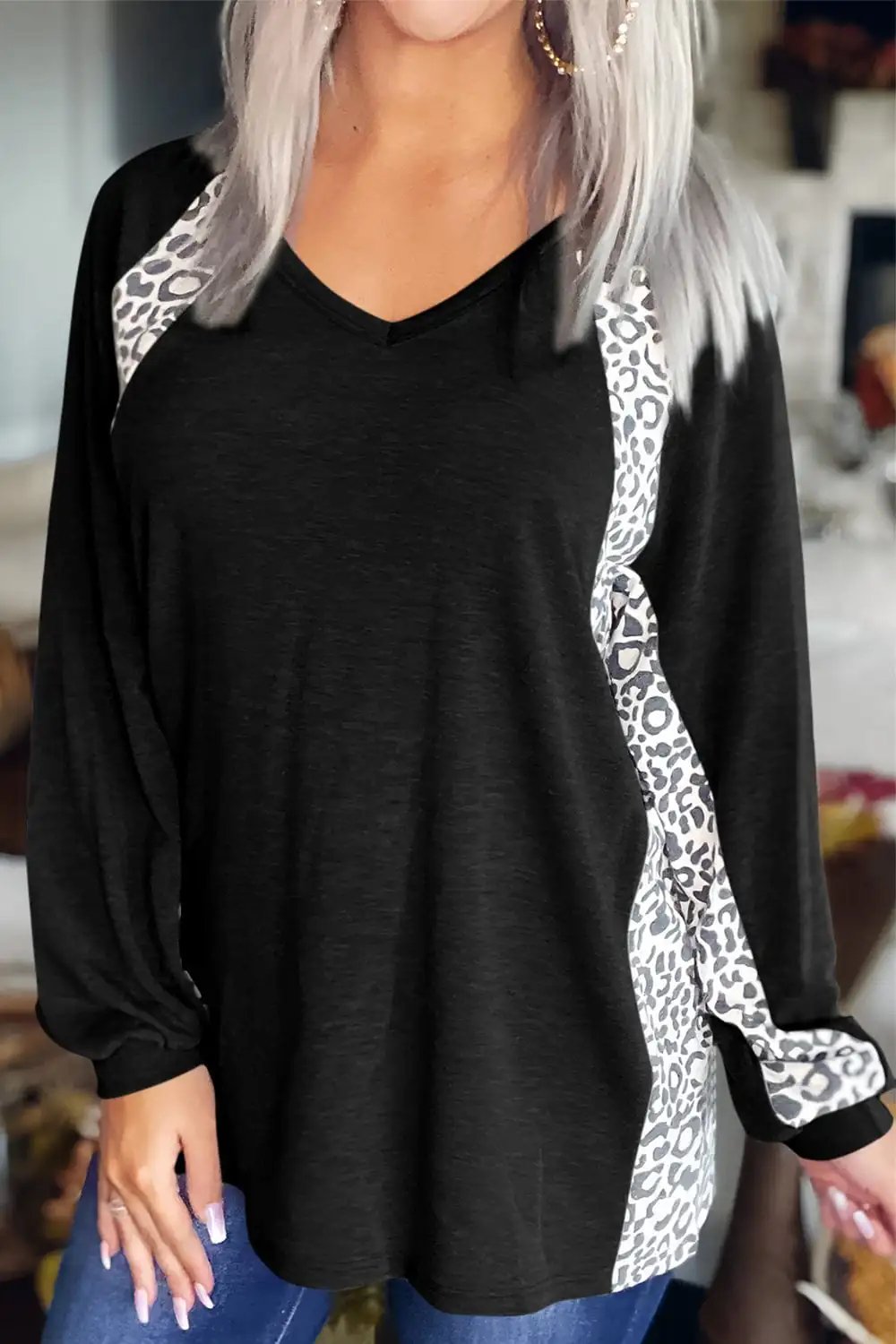 Full Size Leopard V-Neck Long Sleeve T-Shirt - Trendsi