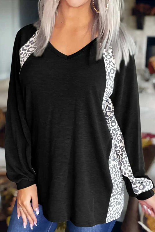 Full Size Leopard V-Neck Long Sleeve T-Shirt - Trendsi - Flyclothing LLC