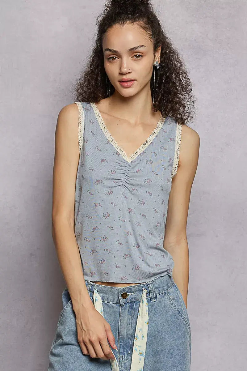 POL Ruched Floral V-Neck Tank with Lace Detail - Trendsi - Flyclothing LLC